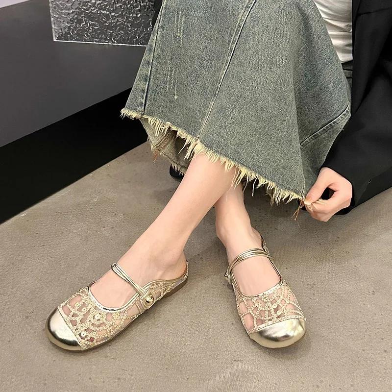 Women's Shoes 2024 Outdoor Closed Toe Women's Slippers Breathable Casual Slippers Women Bling Mesh Solft Sole Flat Shoes Ladies