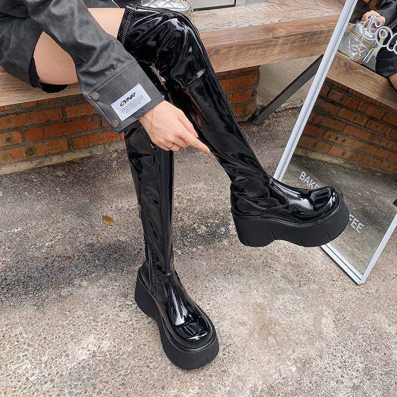 Nuove moda autunno inverno 2025 stivali alti versatili con temperamento, sottili, punta tonda, suola spessa, tacco alto, stivali elastici da donna