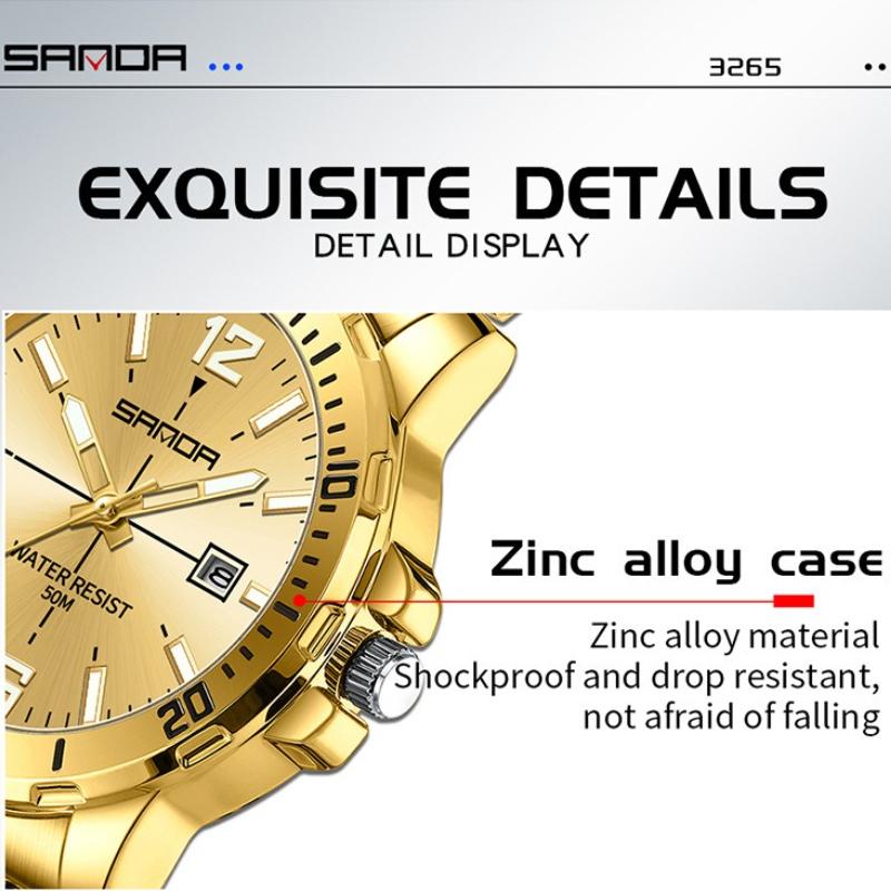 SANDA Neue Luxus-Herren-Quarzuhr mit großem Zifferblatt, Nachtlicht, wasserdicht, Kalender, Business-Herren-Quarzuhr