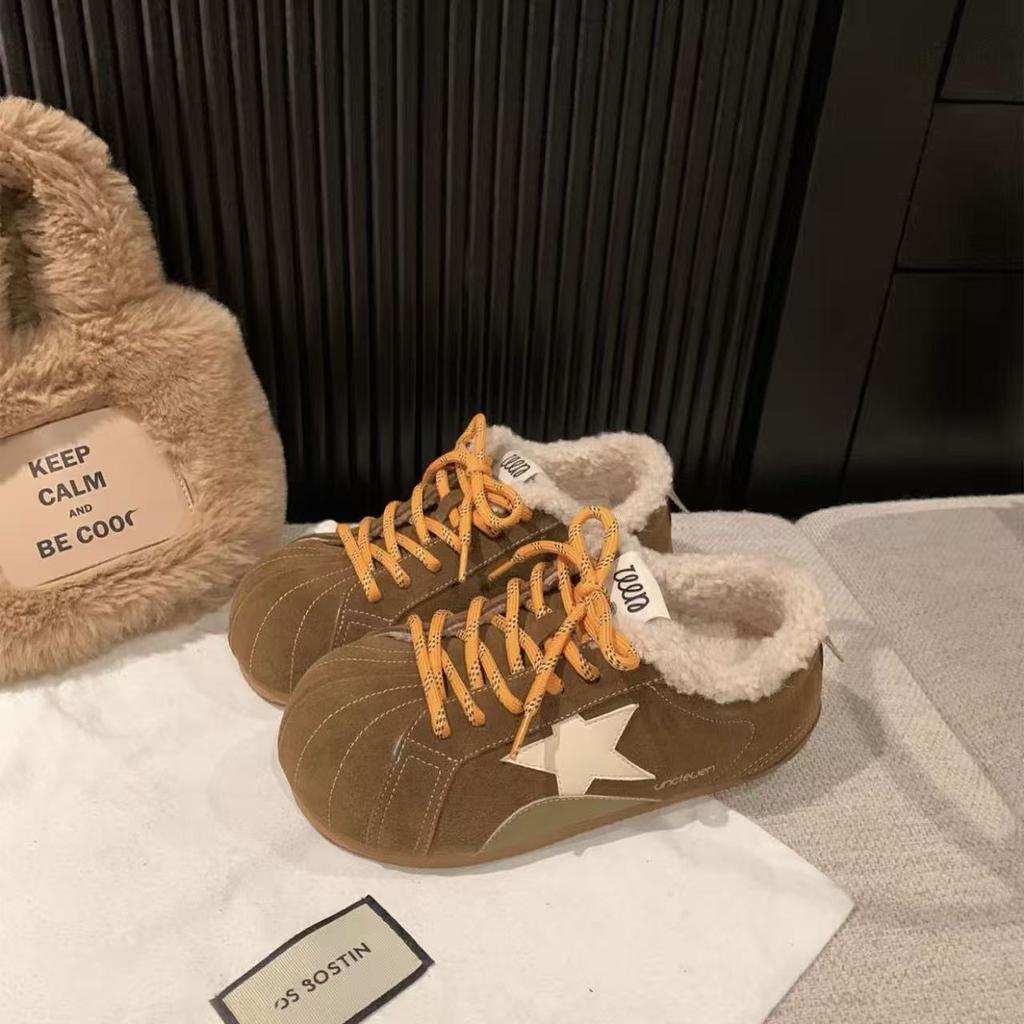 Retro German Training Shoes Women's Autumn and Winter Velvet Warm Fluffy Cotton Shoes Cute Ugly Cute Soft Leather Star Shoes Casual Board Shoes