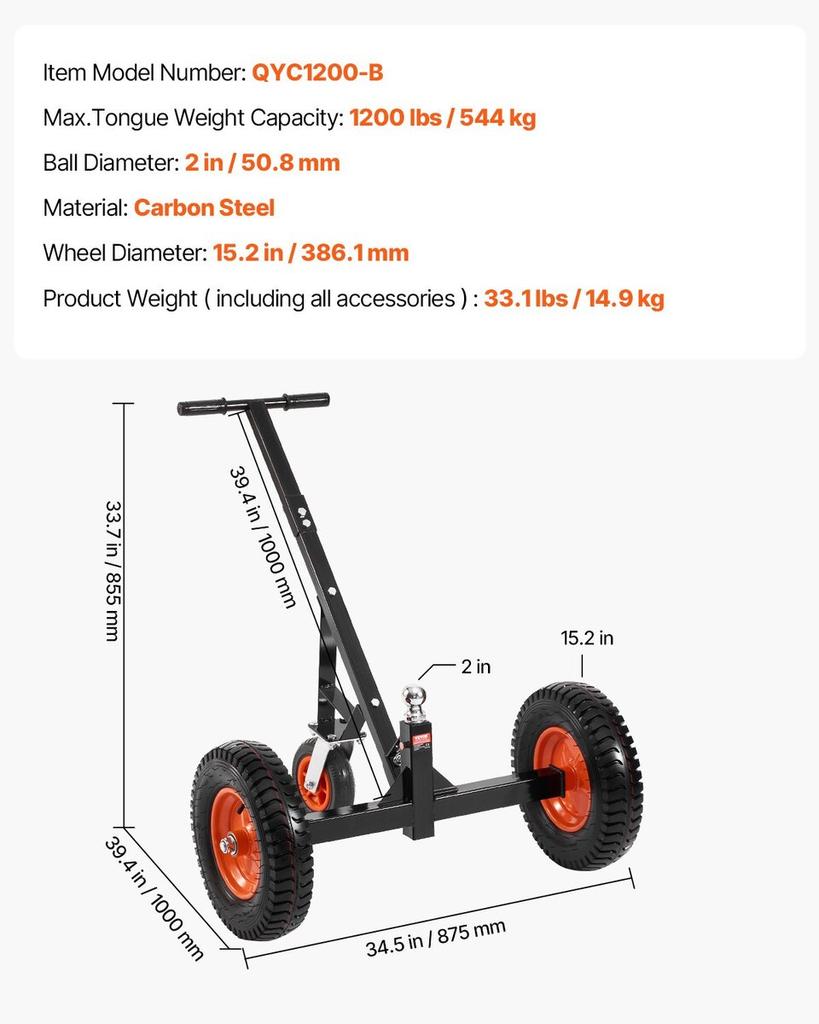 1200lbs Trailer Dolly 18 and 22 In Adjustable Height 2 In Ball 15.2 In Tires