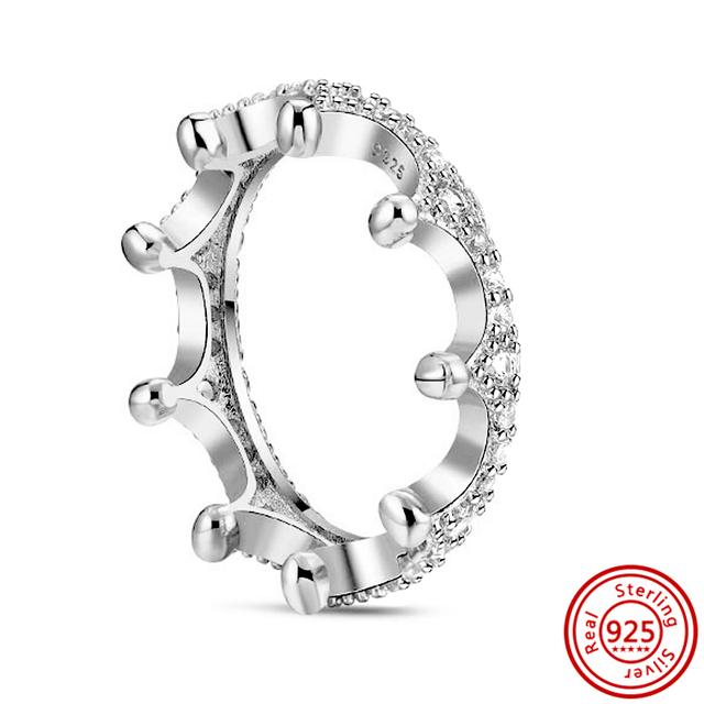 Authentic 100% 925 Sterling Silver Princess Regal Crown Heart Sparkling Zircon Luxury Circle Rings Women Wedding Jewelry