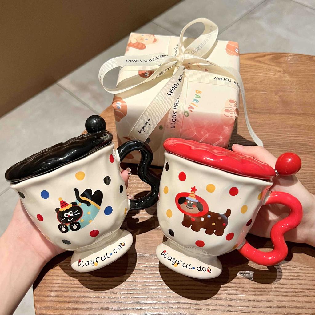 High-value Milk Cute Polka Dot Kitten Mug with Lid Girls Ceramic Cup Birthday Gift Souvenir