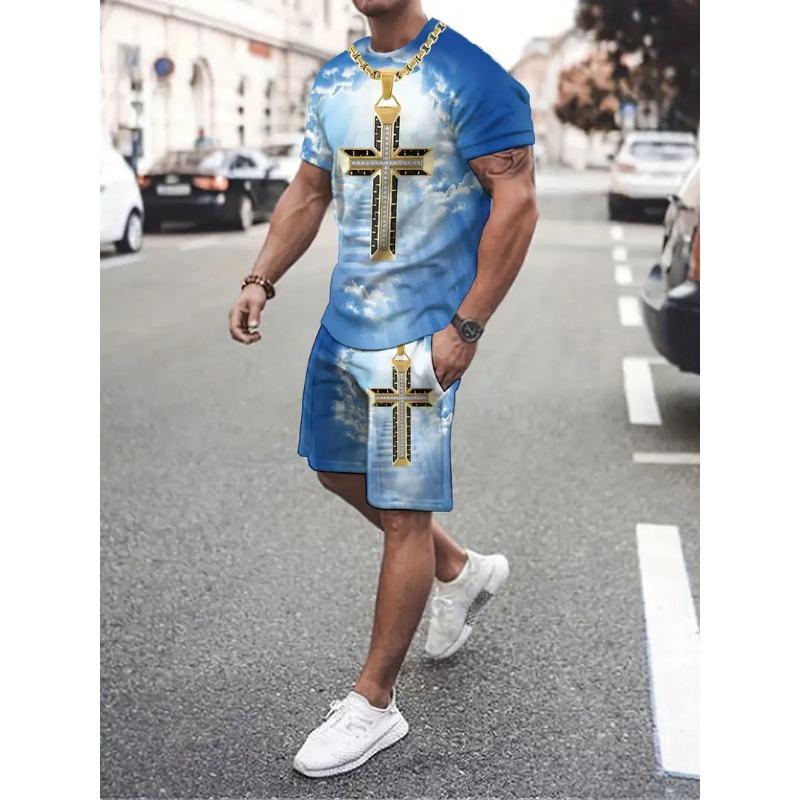 Summer Tracksuit 2 Piece Outfit Male 3D Color Block Print Short Sleeve T-Shirt Shorts Jogging Sets Outdoor Street Men's Clothing