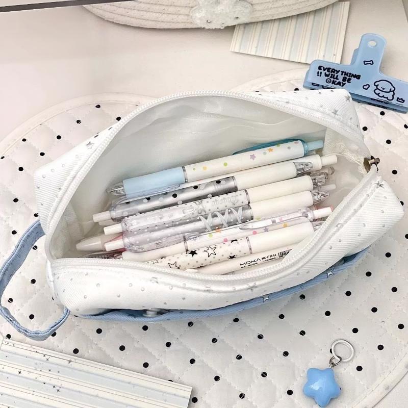 Handheld Polka Dot Stars Pencil Case Portable Large Capacity Stationery Bag for School Travel Pen Storage