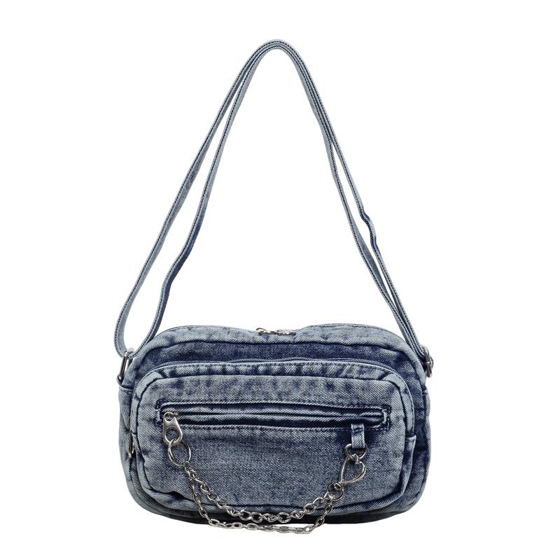 Washed Denim Crossbody Bag with Front Zipper Pocket and Decorative Chain Detail Casual Shoulder Purse for Women Daily