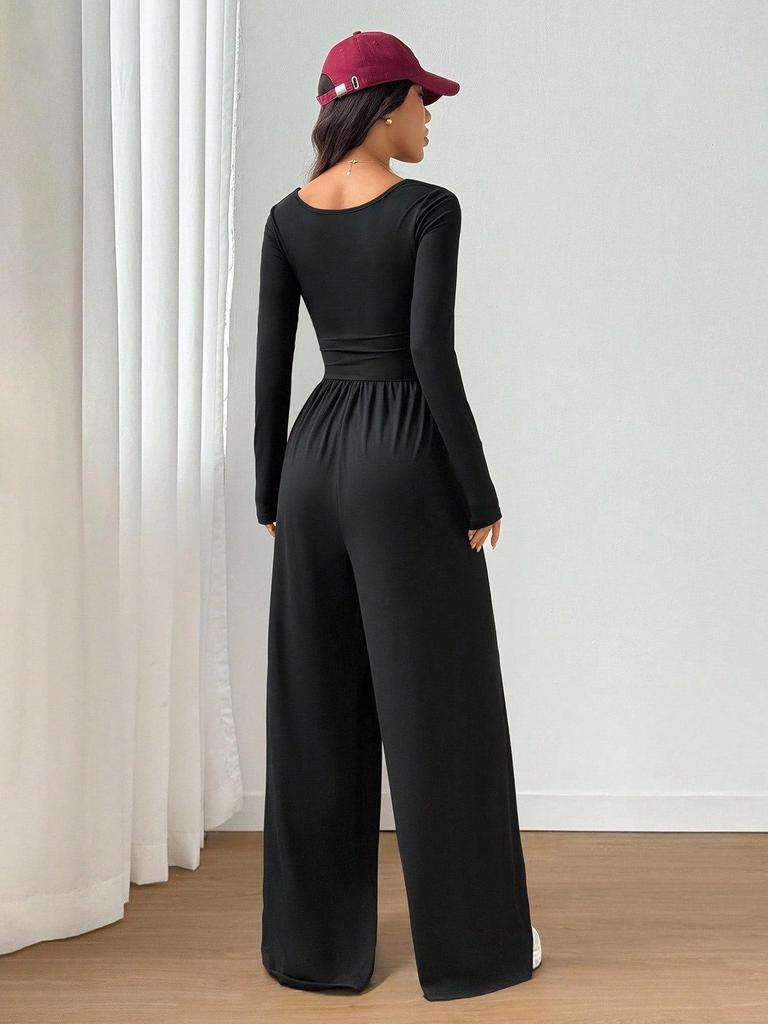 Tuta da donna 2026 con scollo quadrato e gamba larga: Vita Alta, Manica Lunga, Stile Europeo & Americano, Design Casual con Cintura in Vita