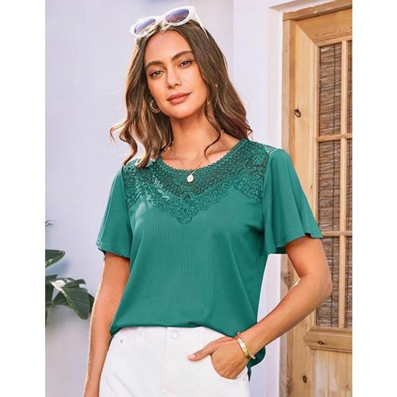 Round Neck Loose Summer Lace Women Blouse Solid Color Short Sleeve Lace Sweet Shirt Ladies Solid Color Elegant Fashion Office Top Basic Sweet Clothing