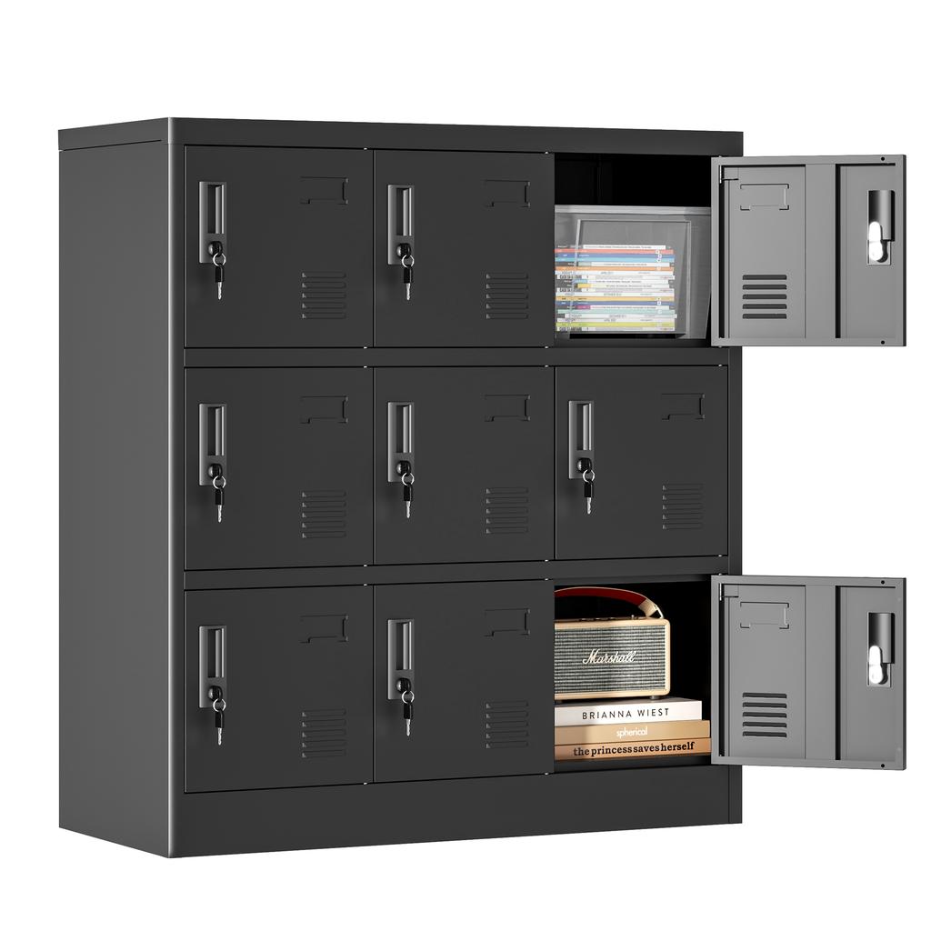 9-Door Metal Cabinets for Office, Gym, School & Home - Secure Storage Cabinet with Card Slot (Black), H 100 cm × B 90 cm × T 40 cm