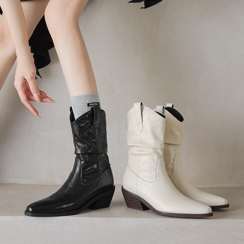 Fashion 2024 New Autumn Women Boots Pointed Toe Chunky Heel  Shoes for Women Slip-on Short Boots Embroider Western Boots Retro