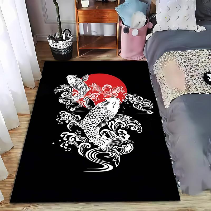 Koi Fish Rug with Wave Pattern and Red Sun Background Suitable for Use As an Anti-slip Game Mat for Living Room and Bedroom Sofas