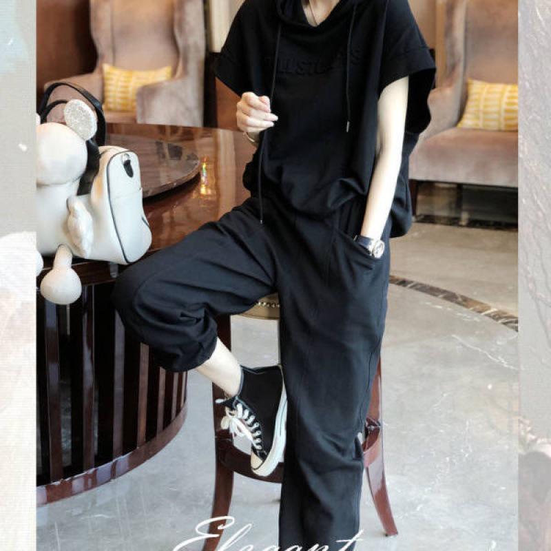 Women's Korean Style Summer Hooded Short-Sleeve Sweater and Casual Harem Pants Two-Piece Set