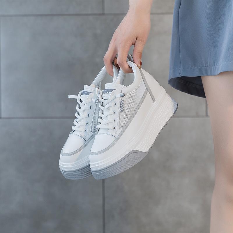 Leather little white shoes women's 2025 new mesh breathable thick baseplate shoes muffin sports shoes inner height increase casual women's shoes