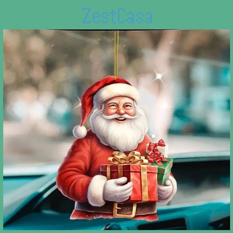 Flat Acrylic Surface Christmas Santa Car Pendant In Cartoon Style For Gift