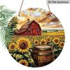 2D Flat, 1pc Classic Metal Aluminum Sign, Featuring Red Barn And Sunflowers In A Field, Round Wall Art for Front Door, Porch, Yard, Patio, Garden