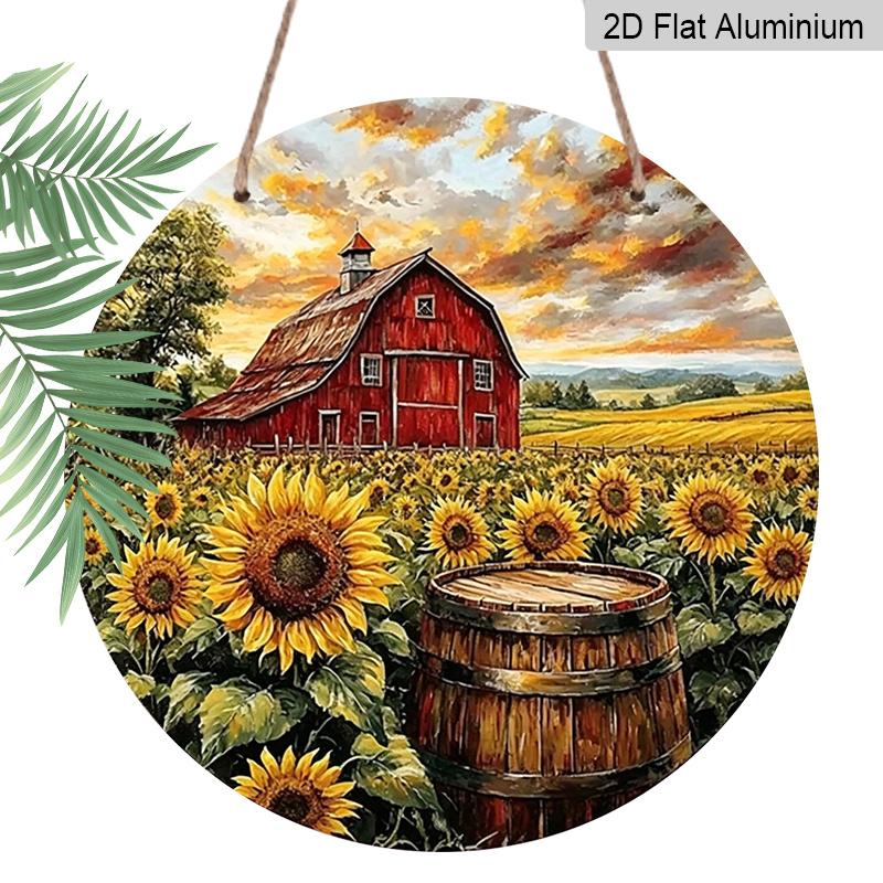 2D Flat, 1pc Classic Metal Aluminum Sign, Featuring Red Barn And Sunflowers In A Field, Round Wall Art for Front Door, Porch, Yard, Patio, Garden