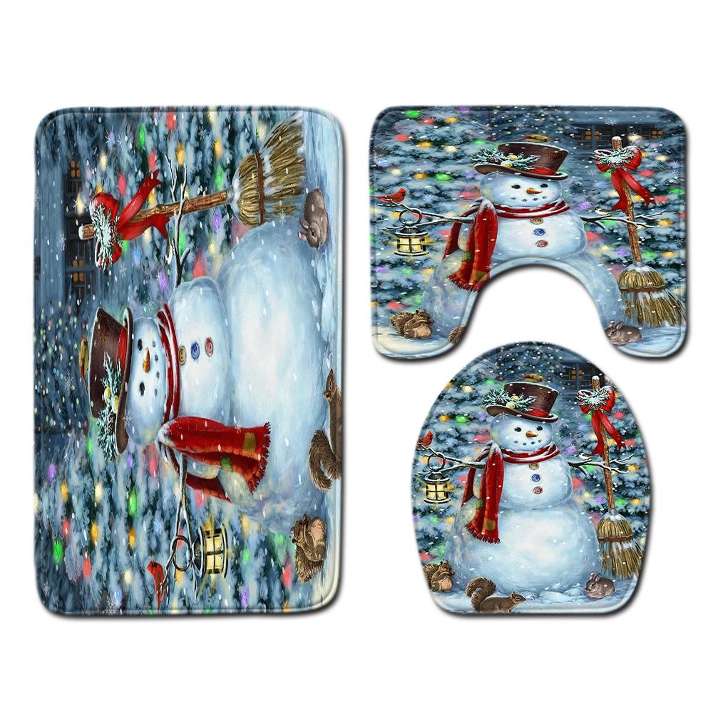 Christmas Shower Curtain Floor Mat Combination Four-Piece Set Bathroom Toilet Carpet Shower Room Mat Foot Mat