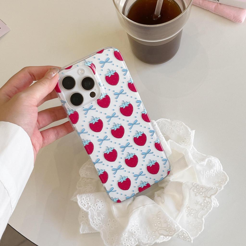 Strawberry Bow Blue Cross-Body iPhone 16/17 Pro Max Phone Case for Apple 15/14