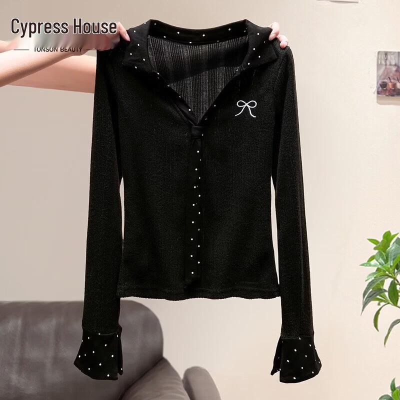 Sibaishe Women s Slim Fit Spliced Polka Dot Lapel Long Sleeve T-Shirt S