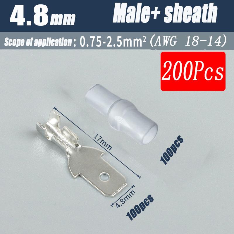 200Pcs Copper Female and Male Crimp Terminal Connectors Aautomotive Speaker Cable Flag Connector 2.8/ 4.8/ 6.3mm With Sheathing