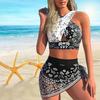 Kadın Omuz Askılı Mayo Siyah Beyaz Baskılı Bikini Kısa Kolsuz Mayo