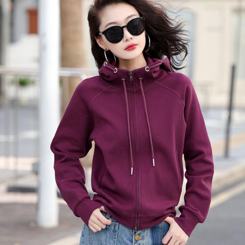 Grauer Damen-Cardigan-Hoodie mit doppeltem Reißverschluss, schwere Qualität - Sportlicher koreanischer Stil, Langarm, Frühjahr/Herbst Kollektion 2025.