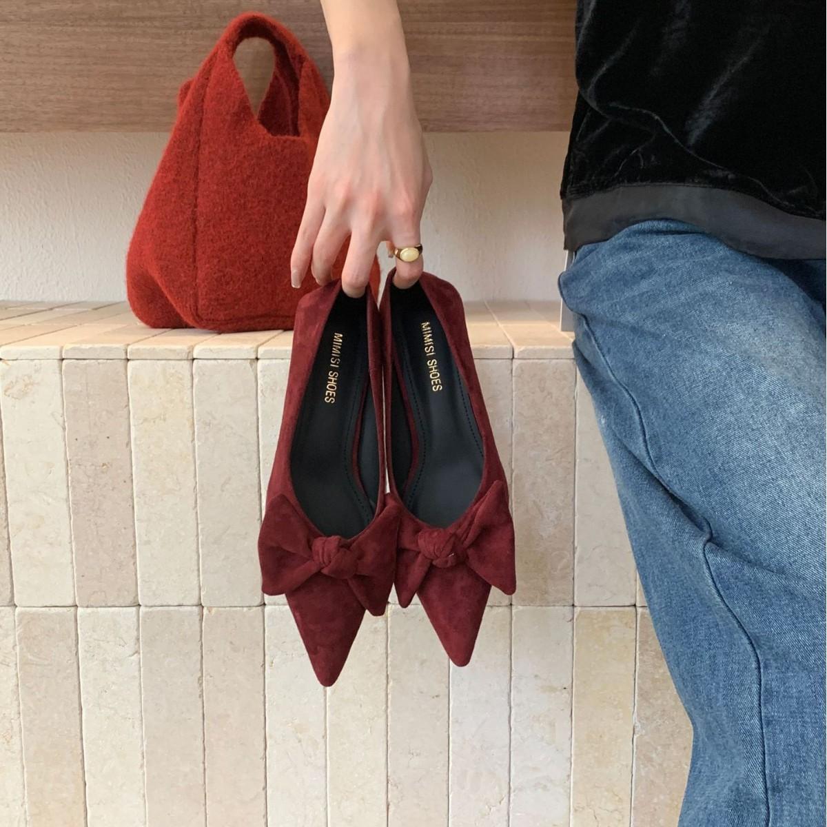 

2025 new autumn and winter pointed suede light mouth thick heel versatile commuter work fashion bow women s single shoes 39 бордовый