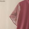 ZANZEA Women Casual Stand Collar Summer Splice Short Sleeve Blouse