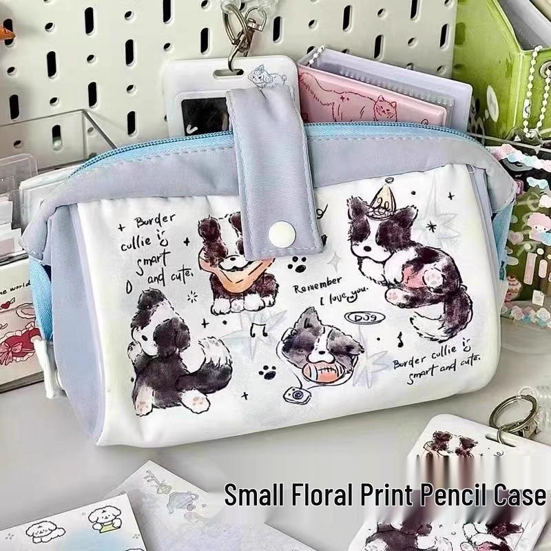 Cream Blue Large Capacity Multifunctional Pencil Case and Makeup Bag with Puppy Design