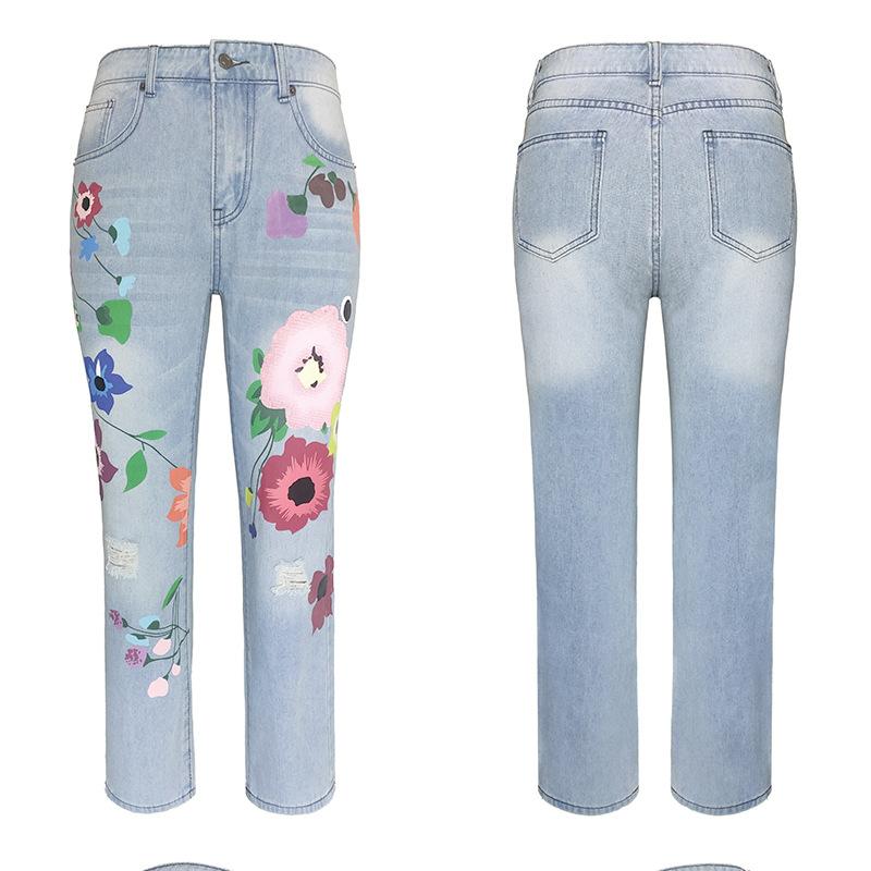 Herbst Damen Bedruckte Zerrissene Mode Unelastische Jeans Gerade Hosen