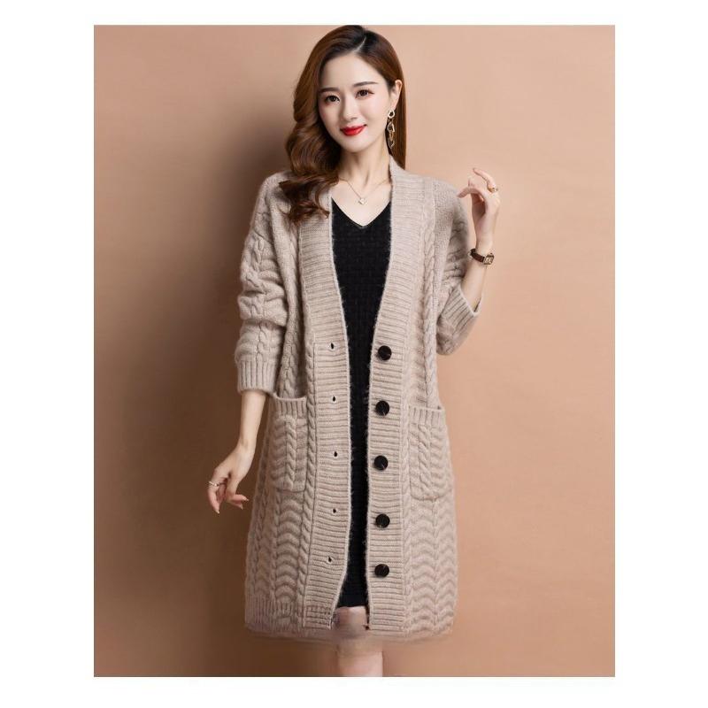 Herbst V-Ausschnitt Langer Strickjacken Pullover Jacke Damen Strickwaren Damen Langarm Lässig Lockerer Pullover Mantel