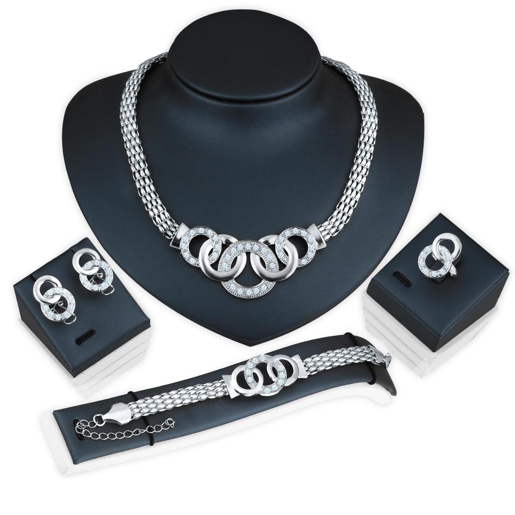 European & American Vintage Jewelry Set: Five-Ring Necklace, Stud Earrings, Bracelet, & Ring - Four-Piece Collection
