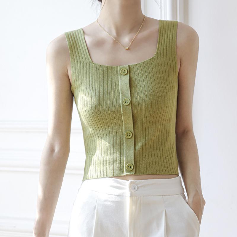 Square Neck Tank Top Knitted Crop Tops Women Summer Camis Button Camisole Fashion Casual Tube Female Sleeveless Cropped Vest