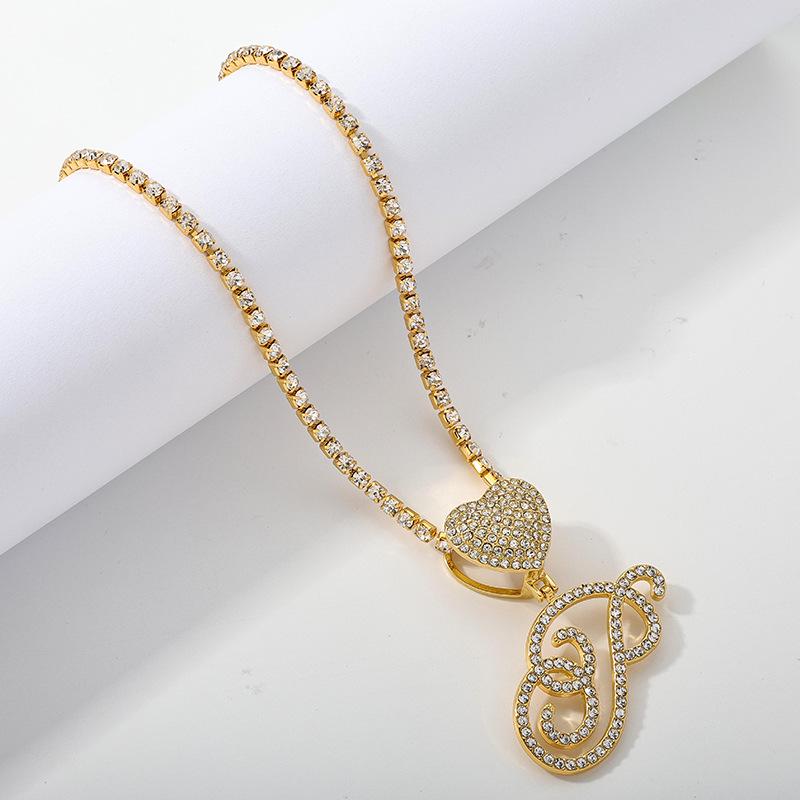 26 Flower Letter Necklace: Hip Hop Heart Pendant with Full Diamond Inlaid Tennis Chain for Women