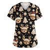 Women's V-Neck Print Scrub Top with Pockets and Side Slits, Short Sleeve Caregiver Uniform Shirt