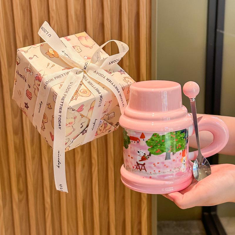 Cute Fairy Tale Puppy Water Cup Couple High Value Ceramic Mug with Lid Spoon Birthday Graduation Gift for Boys and Girls