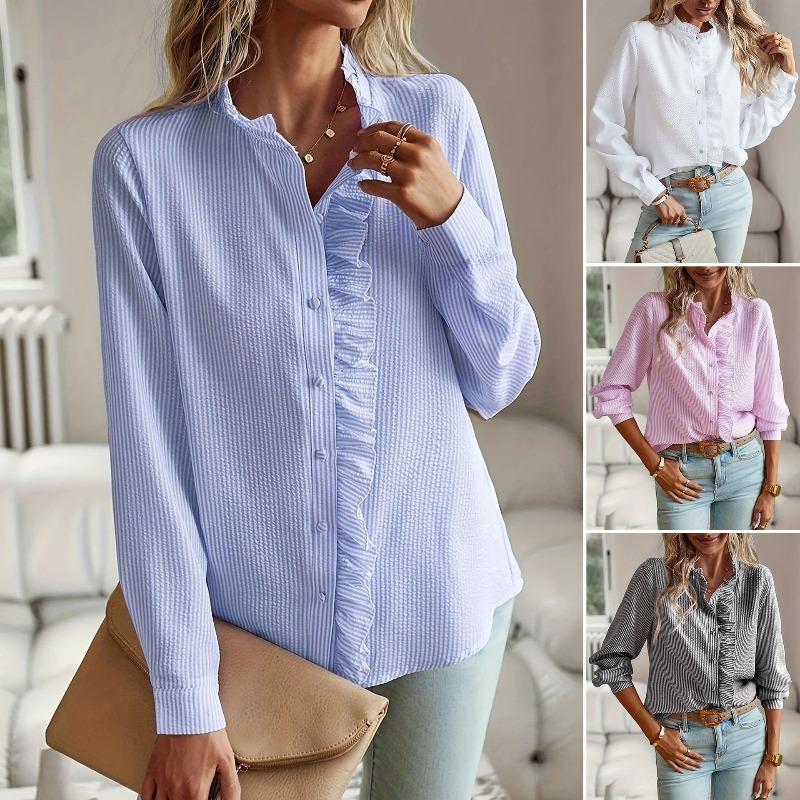 Women's Shirt Spring Long Sleeve Tops Stand Collar Striped Loose Office Women's Blouse Elegant Button Up Solid Color Casual Simple Ladies White Shirts