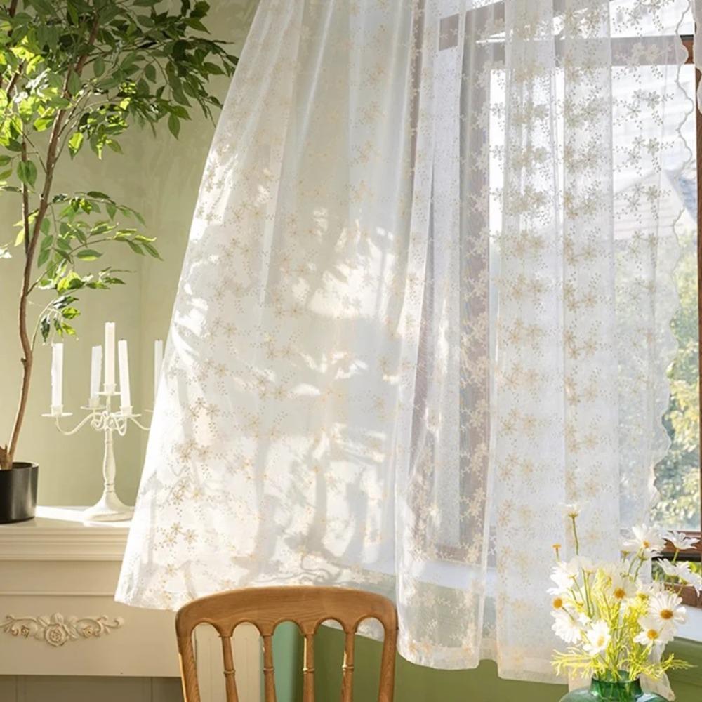 Rideaux en Dentelle Française Broderie Florale Romantique Voilage Tulle Beige Style Pastoral Pare-vue Vintage Salon