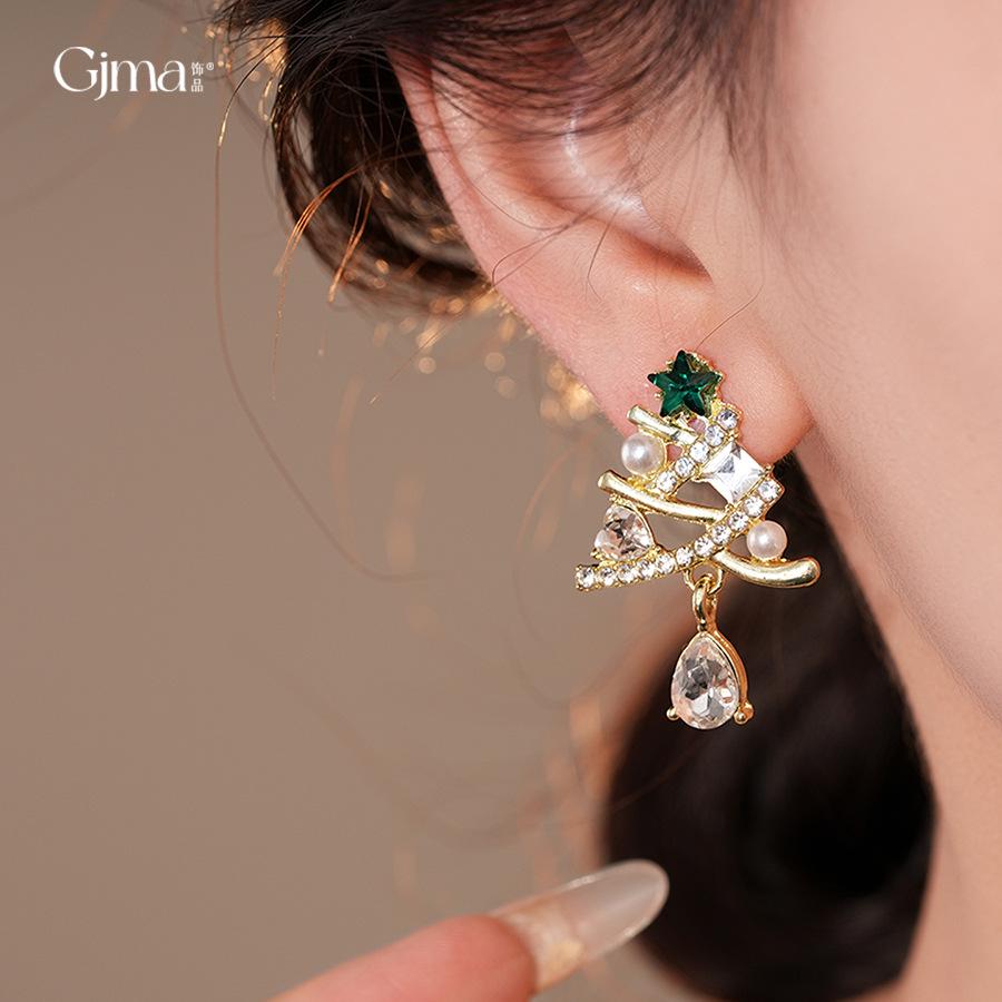 Silver Needle Diamond-Embellished Christmas Tree Tassel Earrings - Elegant Light Luxury Studs