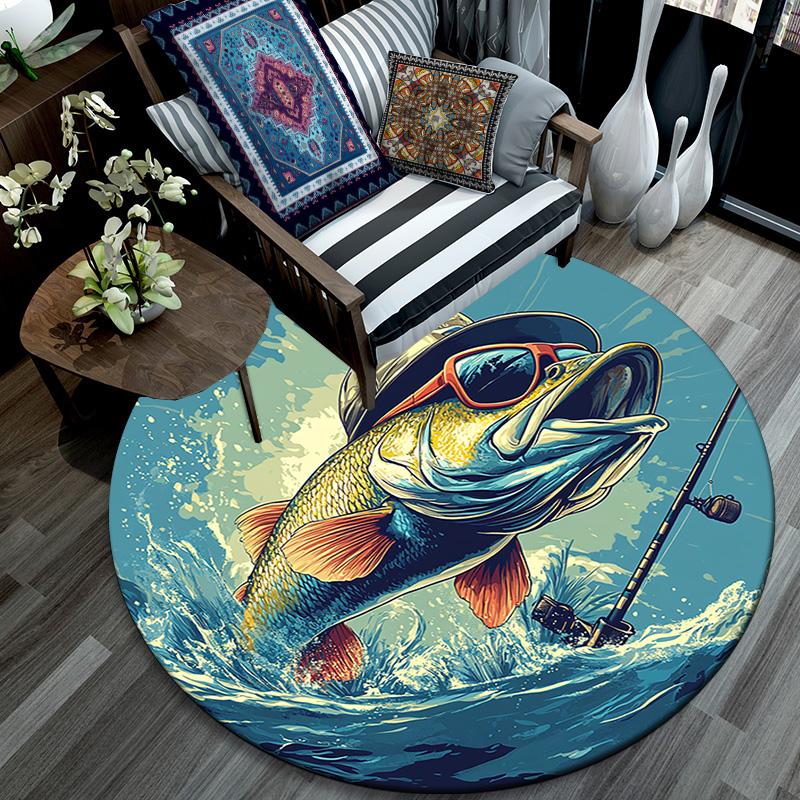 Bass Fish Round Area Rug,Carpet Rug for Living Room Bedroom Sofa Playroom Decor,Non-slip Floor Mat
