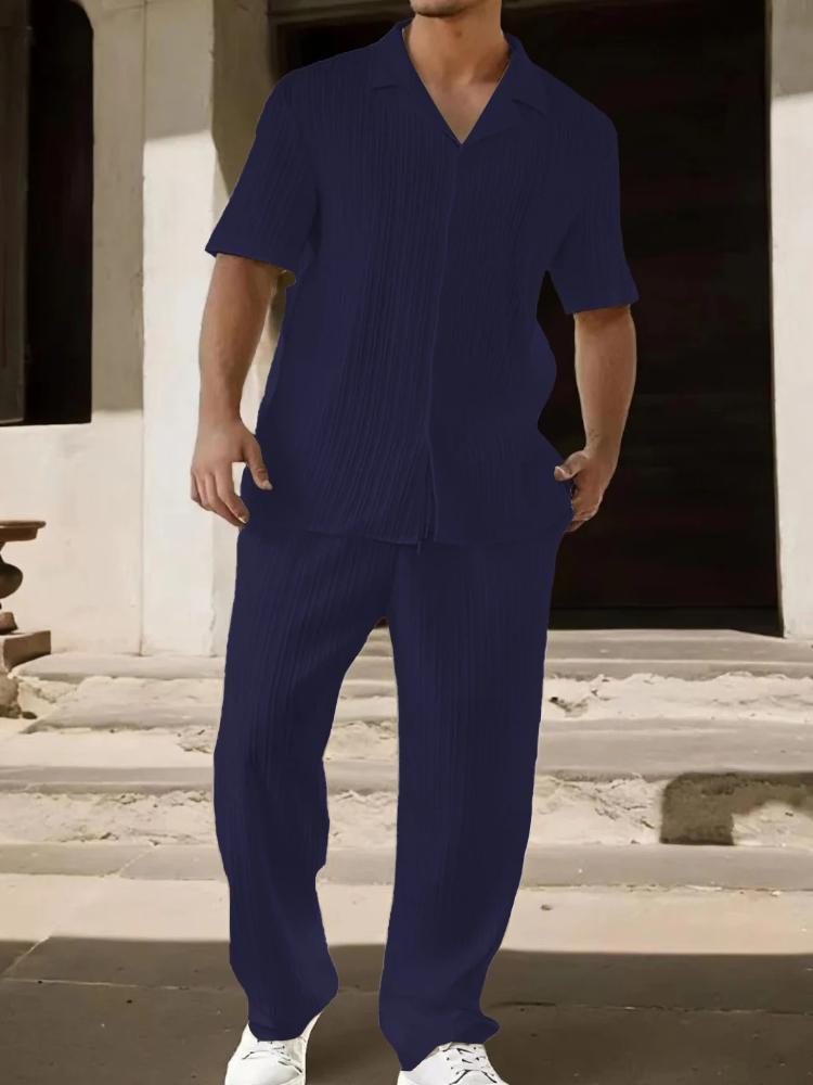 Summer Casual Fashion Plain Striped Suit for Men Style Complete Short-sleeved Trousers for Men