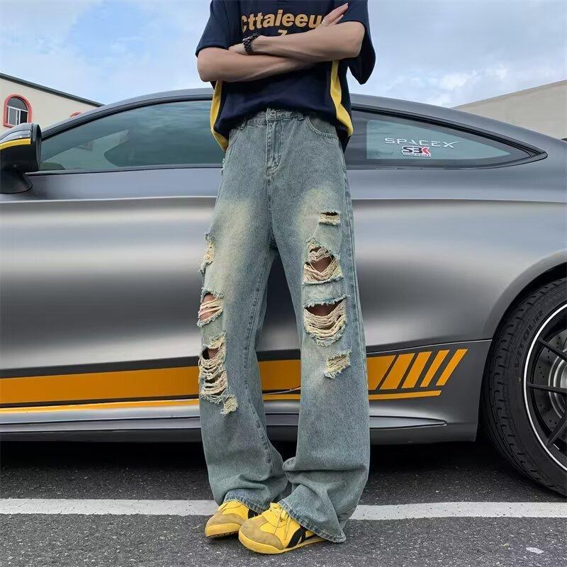 Loose ripped jeans men's spring new trendy high street washed old wasteland wind wide-leg trousers