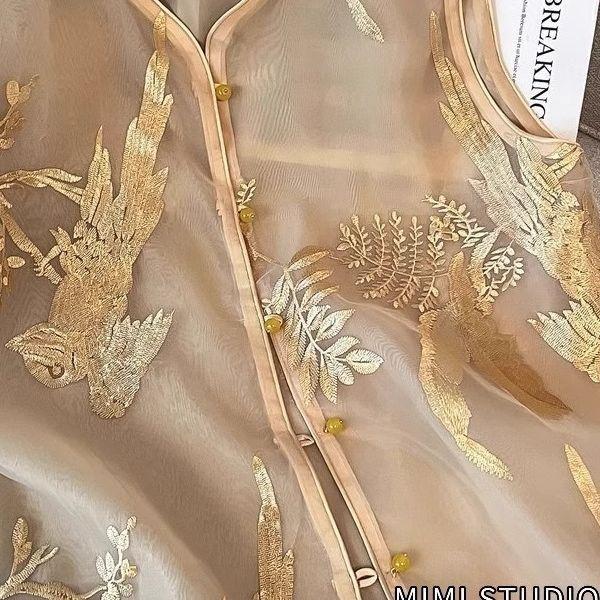 Summer Vest Female Grandeur Temperament Golden Yellow Tulle Embroidered Sleeveless Retro Old Money Style Top