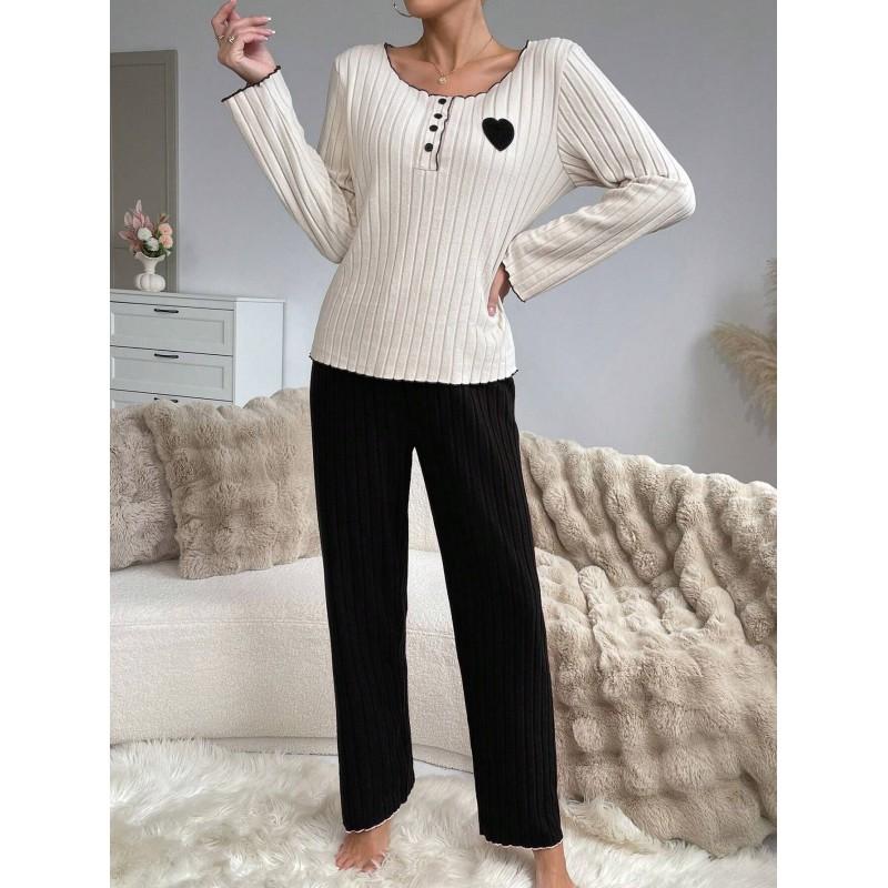 Soft Knit Pajama Set With Ribbed Texture Heart Embroidery Long Sleeve Lounge Wear Women