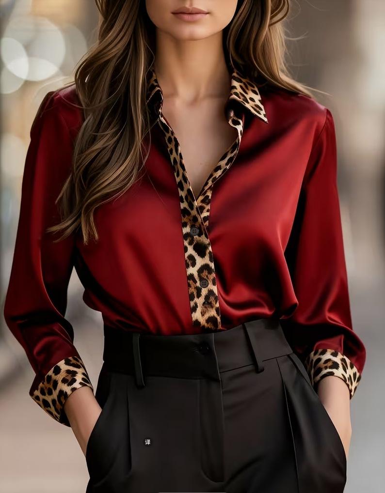 

Women s Casual Shirt with Leopard Print Collar and Cuffs in Multiple Colors S красный