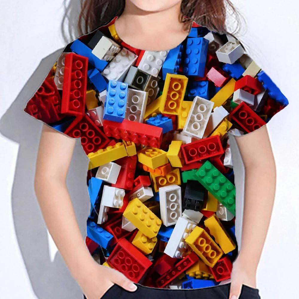 3D Colourful Bricks Short Sleeve Tshirts Summer Children's Boy's Clothing T-Shirt For Girls Kids Clothes Fashion 2026 Tees Tops