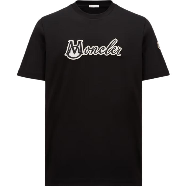 Moncler Logo Geborduurd Losse Pasvorm Ronde Hals T-shirt Heren Tops Zwart K1-091-8C00011-89AJS-999 XXL