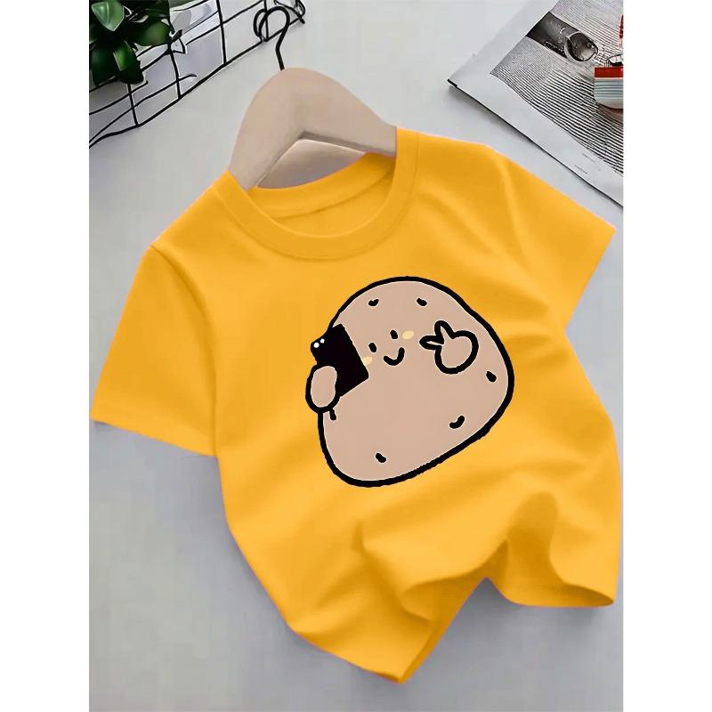 European sizes Girls' Cute Potato Print Short Sleeve T-Shirt - Summer Casual Round Neck Top with French Fries & Ketchup Potato Patterns,