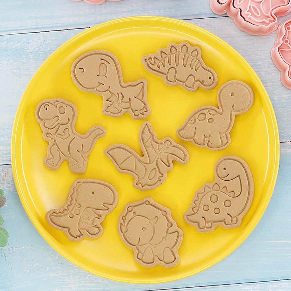 8 Pcs Dinosaur Cookie Cutters Set Cartoon Style For Baking Tool Made of Food Safe PP Pink Color 16.5x21x2.3cm Box