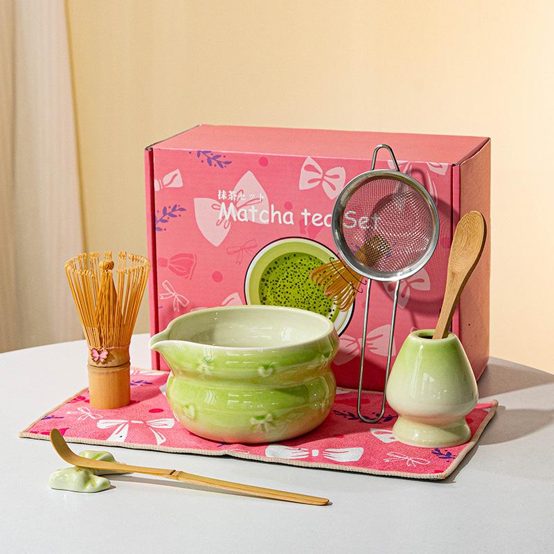 8pcs Authentic Japanese Tea Ceremony Set - Pink Ceramic Matcha Bowl with Whisk Stand